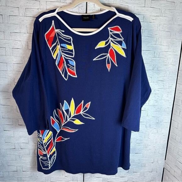 Rafaella Embroider feather 3/4 Tee-Shirt navy Aztec southwestern plus size - Picture 1 of 10